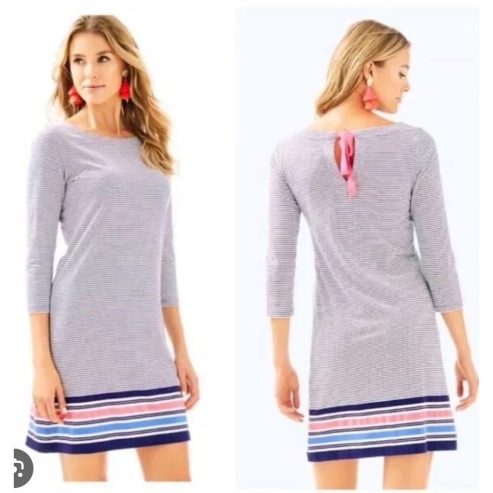 Lilly Pulitzer Noelle Dress Womens Medium Blue Stripe‎ Back Bow Excellent Preppy